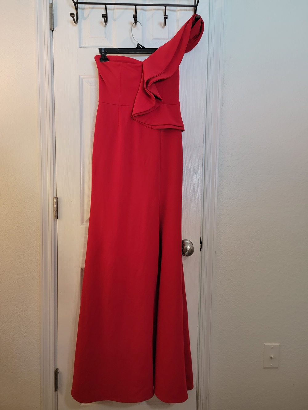 One-Shoulder Red Evening Gown with Ruffle Detail